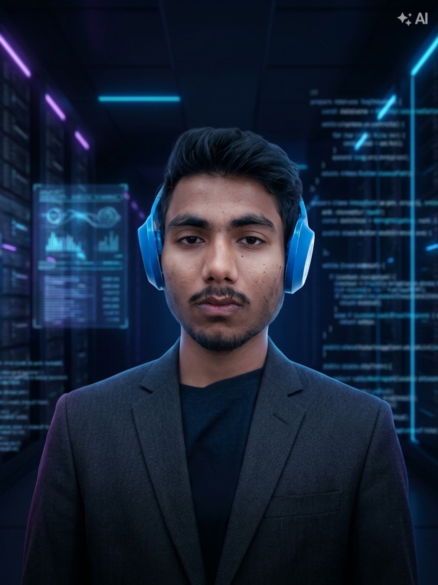 Portrait of Sameer Kumar wearing blue headphones in a futuristic server room